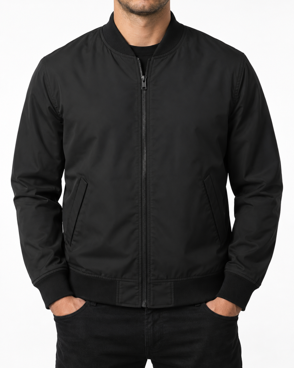 Chaqueta bomber negra, vista frontal